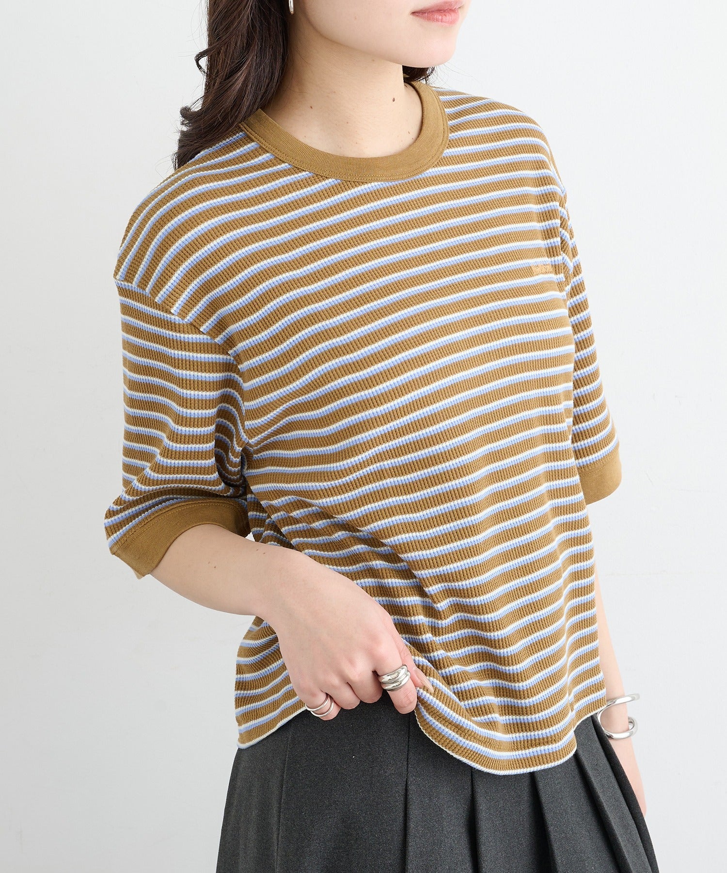 ヘルスニット Healthknit Multi Border Waffle Crewneck S/S 680S (ブラウン系1) ブラウン系1