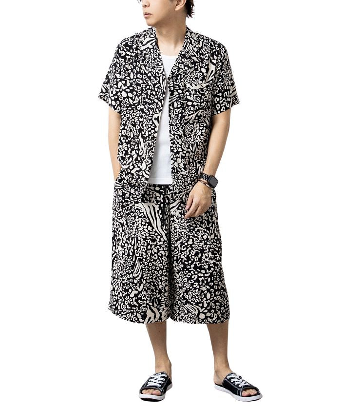 ジェネレス GENELESS セットアップ メンズ 開襟シャツ 上下セット ワイドパンツ オープンカラーシャツ 涼しい 部屋着 ルームウェア