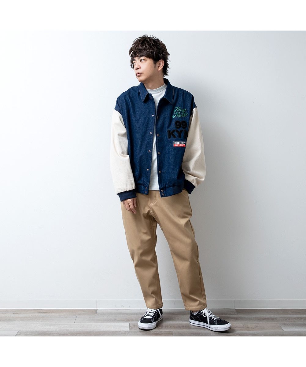 GENELESS Stadium Jacket Men's Denim Winter Oversized Loose Fit Color Block Denim Stadium Jacket Big Size Retro