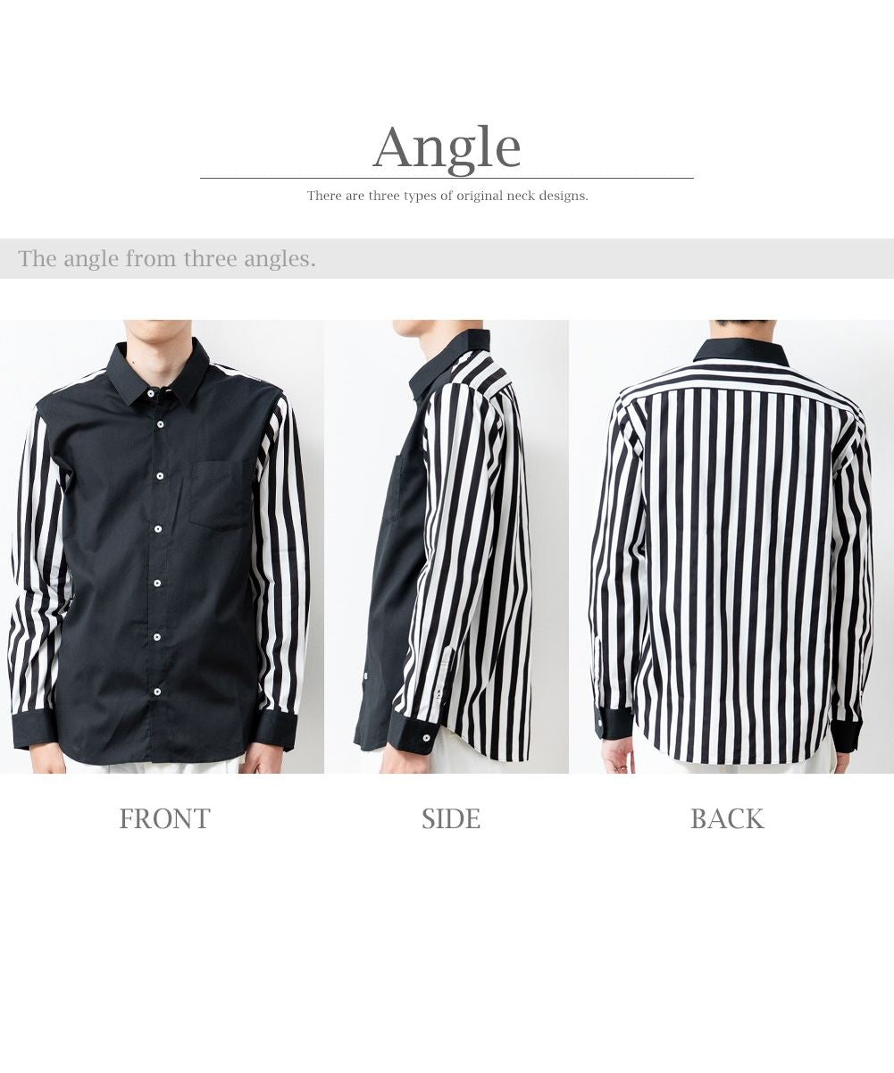 ジェネレス GENELESS シャツ メンズ 長袖 切替 ストライプ 長袖シャツ 国産 ブラウス ワイシャツ ボーダー メンズシャツ (A.ホワイト) A.ホワイト