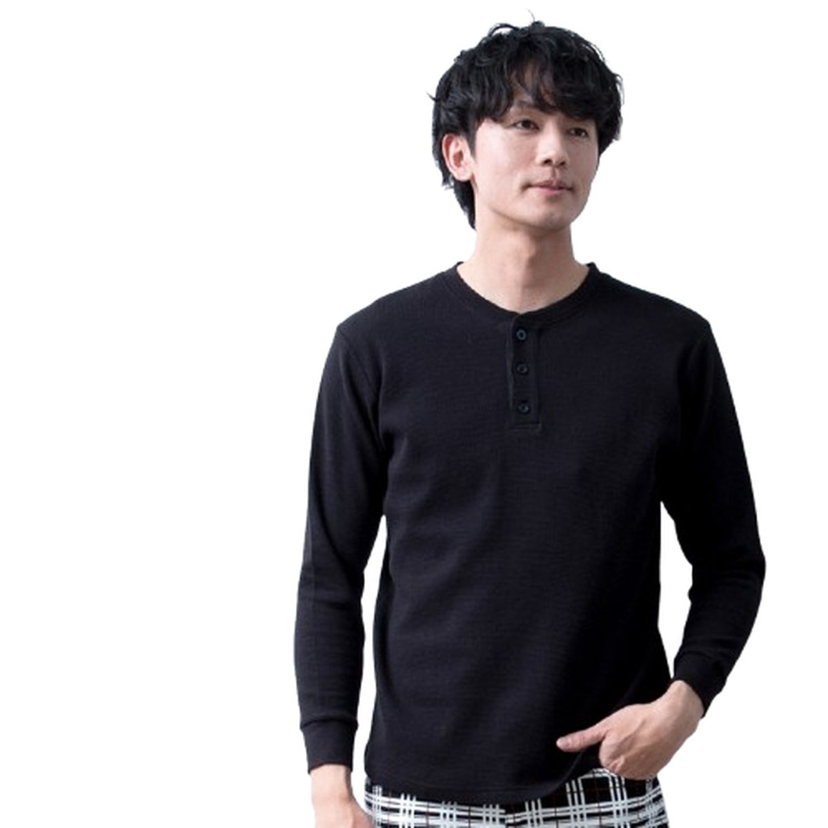 ジェネレス GENELESS Tシャツ メンズ 半袖 長袖 ワッフル オーガニックコットン 綿100 クルーネック ヘンリーネック tシャツ ワッフルTシャツ コットン 半袖tシャツ 無地 トップス 春 夏 (ヘンリー/長袖.ブラック) ヘンリー/長袖.ブラック