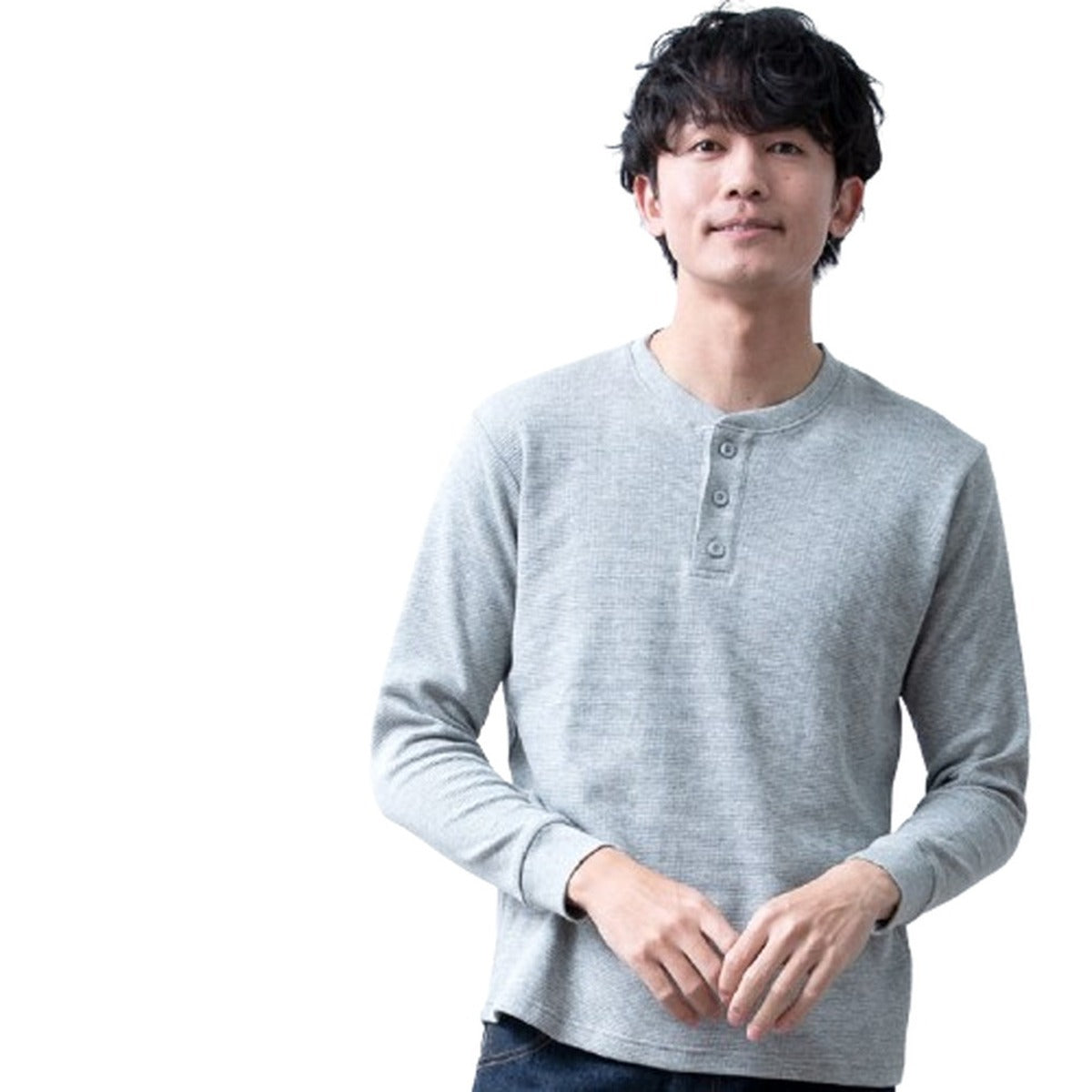 ジェネレス GENELESS Tシャツ メンズ 半袖 長袖 ワッフル オーガニックコットン 綿100 クルーネック ヘンリーネック tシャツ ワッフルTシャツ コットン 半袖tシャツ 無地 トップス 春 夏 (ヘンリー/長袖.グレー) ヘンリー/長袖.グレー