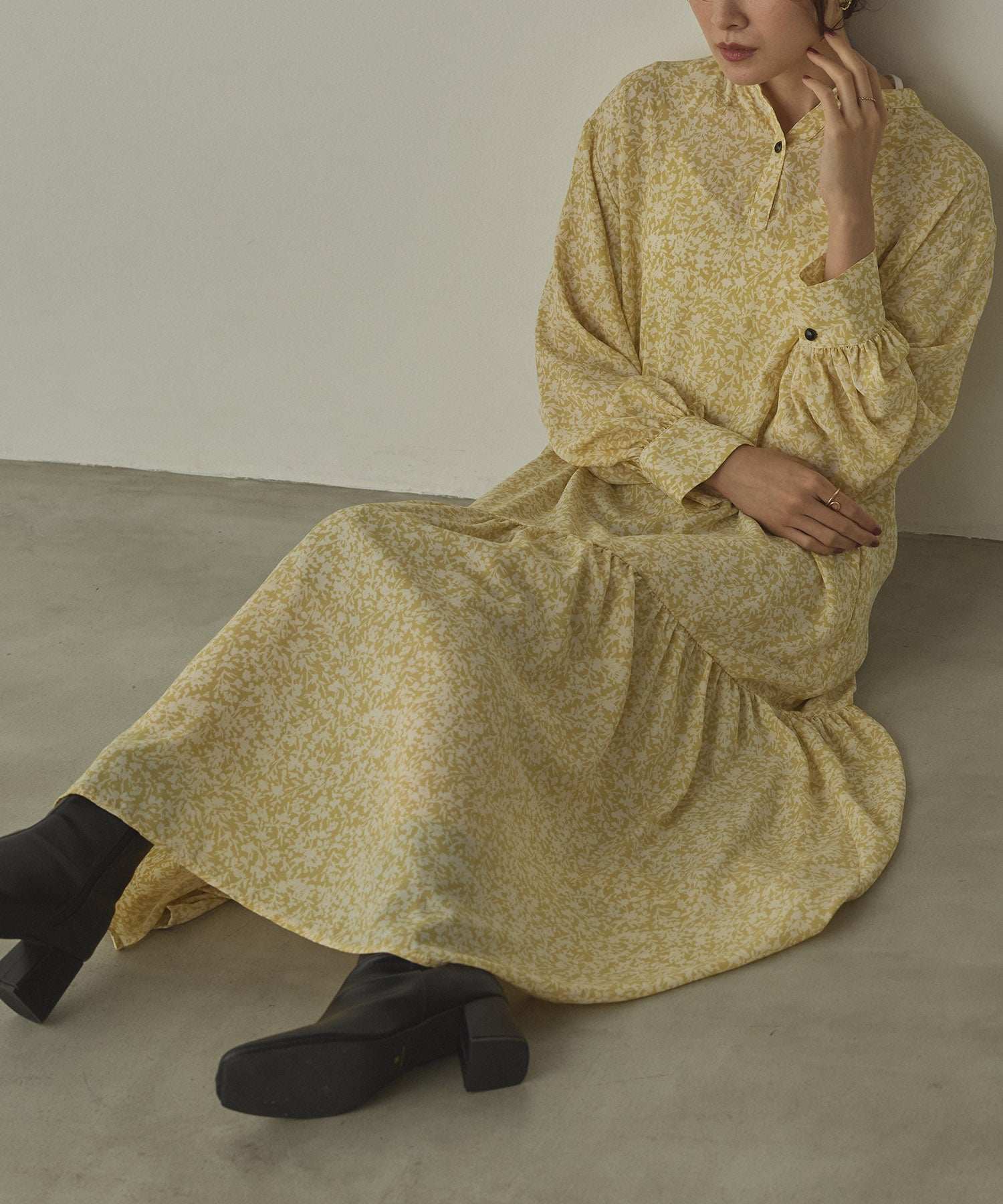 ハンチ hunch ジョーゼット柄 プリントワンピース (イエロー) イエロー