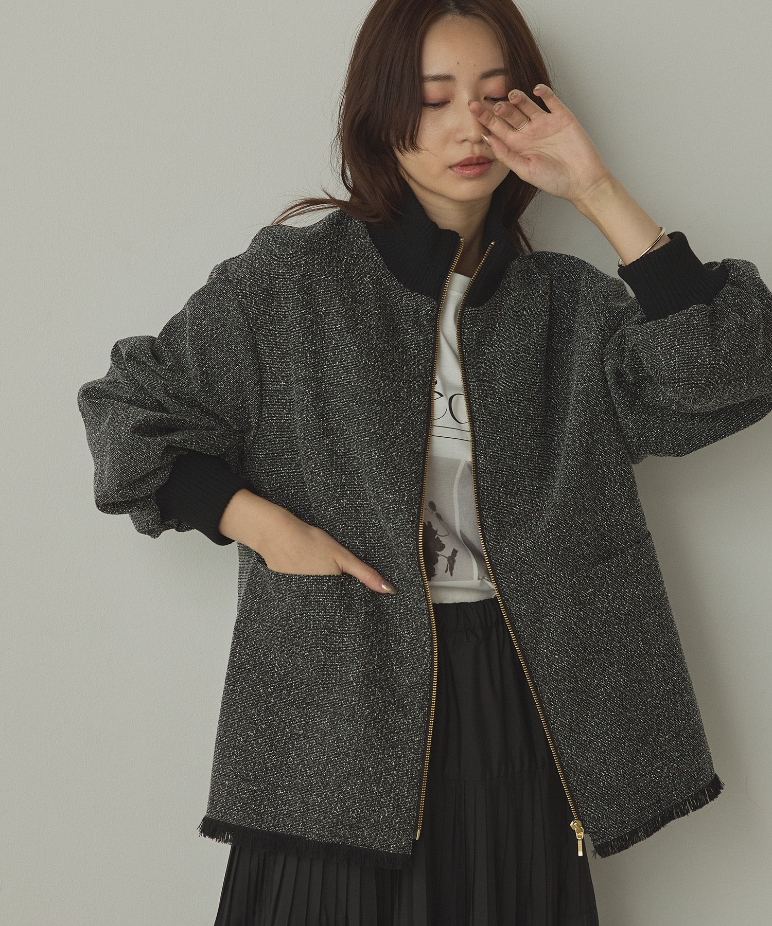 ハンチ hunch スタンドカラー ツィードブルゾン (ブラック) ブラック