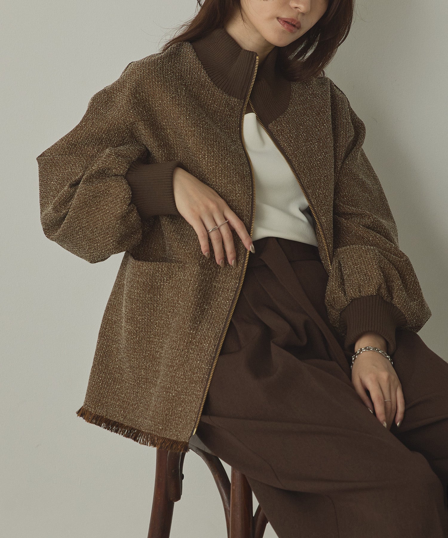 ハンチ hunch スタンドカラー ツィードブルゾン (ブラウン) ブラウン