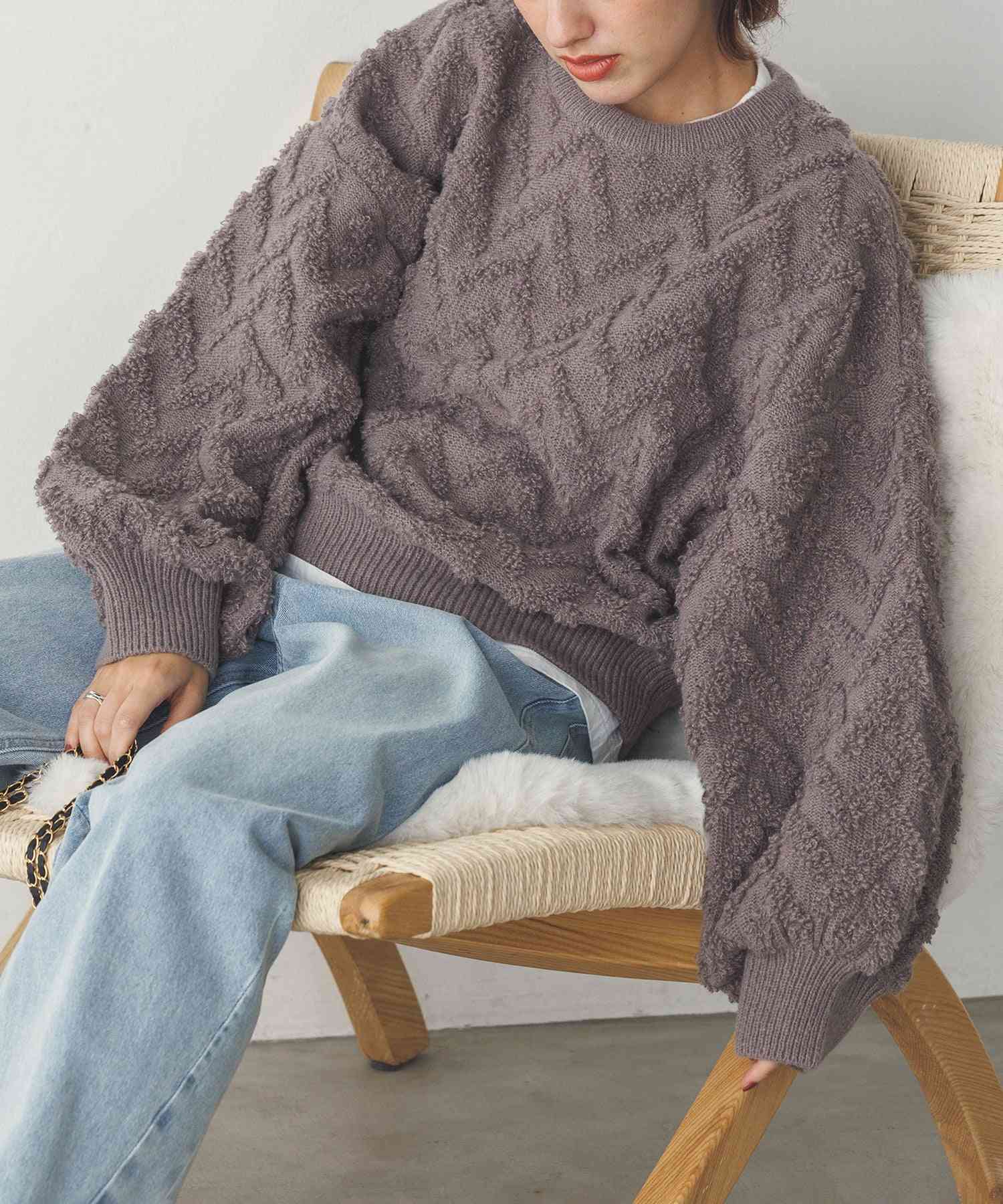 ハンチ hunch モヘアタッチヘリンボーン柄編みニット,グレー