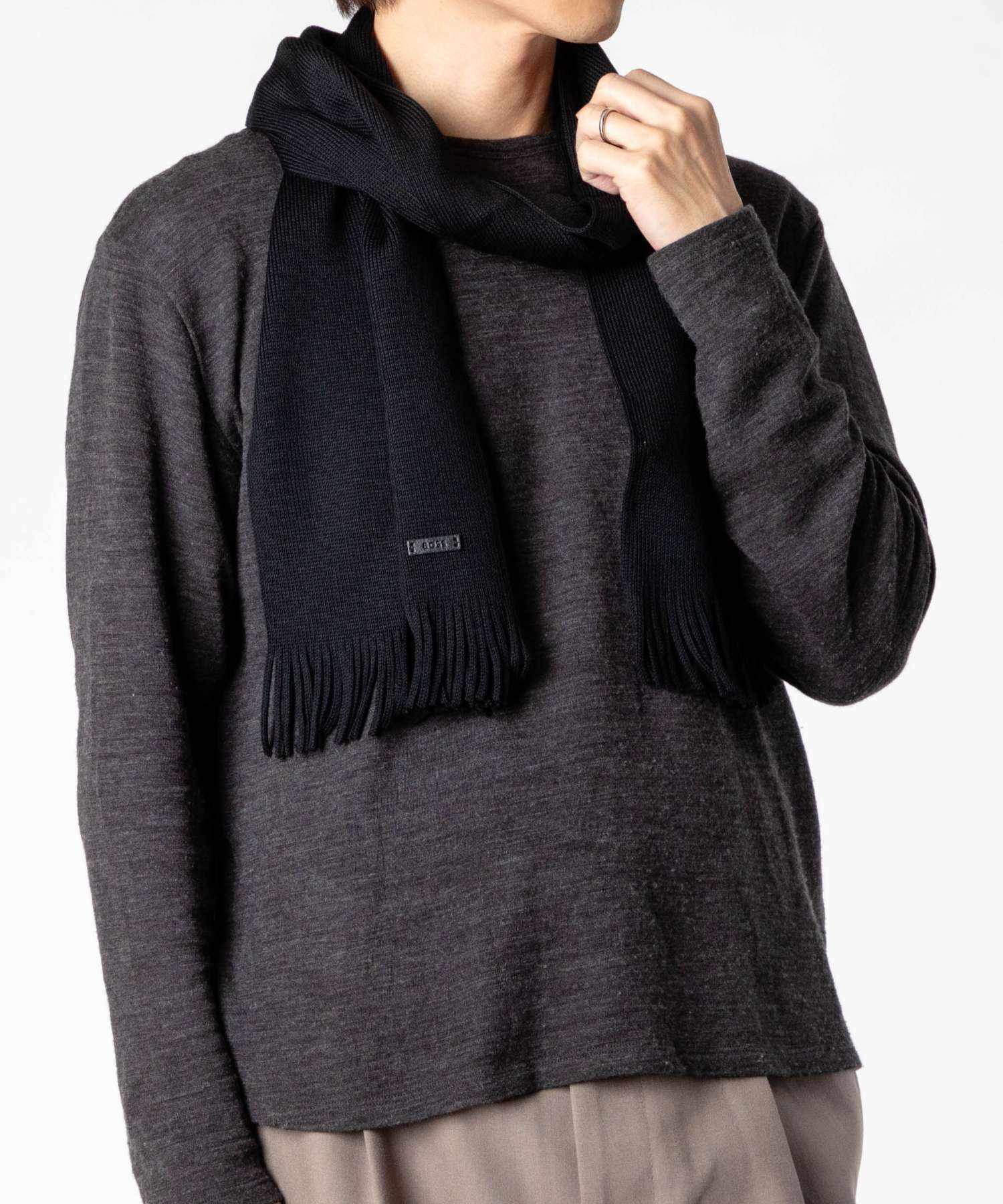 ヒューゴボス HUGO BOSS ヒューゴボス HUGO BOSS Rasseru Nitto ラッセルニット 50495340 マフラー スカーフ ウール ニット フリンジ ロゴ メンズ ファッション小物 ALBAS (BLACK(001)) BLACK(001)
