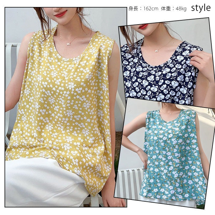 AIKA ica 5 patterns to choose from Thin, smooth, cool fabric Rayon material Floral print Loose fit A-line Sleeveless blouse