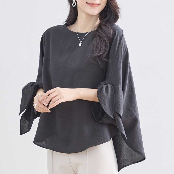 アイカ ica Aライン トップス チュニック ブラウス 袖リボン付き フィッシュテール ゆったり ボリューム袖 フレア 七分袖 フェミニン 可愛い 透け感 きれいめ カジュアル薄手 涼しい (BK) BK