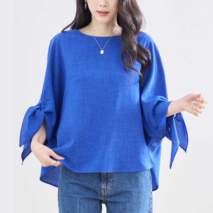 アイカ ica Aライン トップス チュニック ブラウス 袖リボン付き フィッシュテール ゆったり ボリューム袖 フレア 七分袖 フェミニン 可愛い 透け感 きれいめ カジュアル薄手 涼しい (RBL) RBL