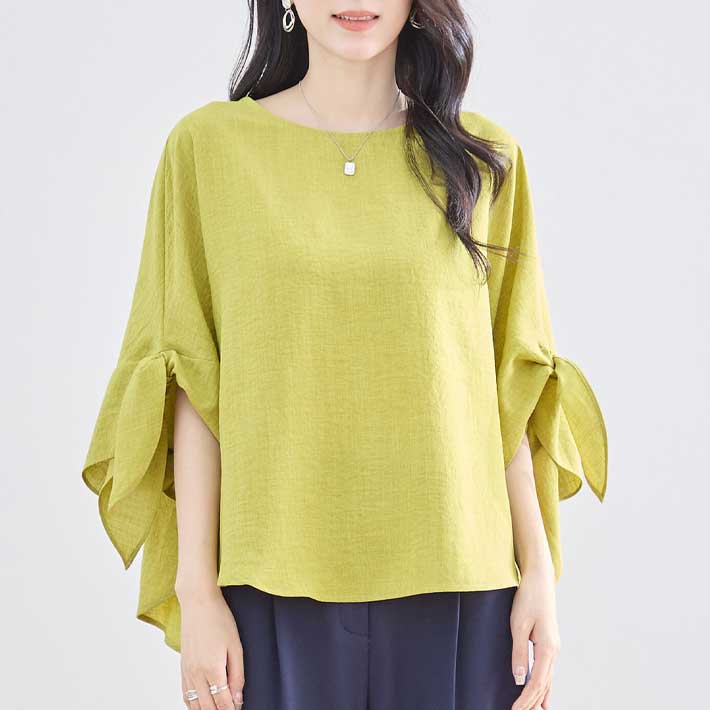 アイカ ica Aライン トップス チュニック ブラウス 袖リボン付き フィッシュテール ゆったり ボリューム袖 フレア 七分袖 フェミニン 可愛い 透け感 きれいめ カジュアル薄手 涼しい (GN) GN
