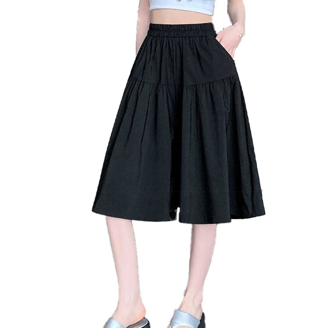 アイカ ica キュロットスカート キュロットパンツ ハーフパンツ キュロット ガウチョ ショート スカート パンツ 膝下丈 ハーフ丈 ひざ丈 ゆったり Aライン フレア ハイウエスト 涼しい 薄手 ストレッチ (BK) BK
