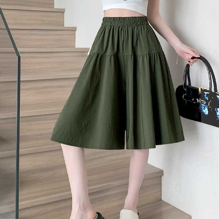 アイカ ica キュロットスカート キュロットパンツ ハーフパンツ キュロット ガウチョ ショート スカート パンツ 膝下丈 ハーフ丈 ひざ丈 ゆったり Aライン フレア ハイウエスト 涼しい 薄手 ストレッチ (GN) GN