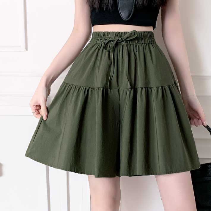 アイカ ica キュロットスカート キュロットパンツ ハーフパンツ キュロット ショート スカート パンツ 膝上丈 ショート丈 ゆったり Aライン フレア ギャザー ハイウエスト 涼しい 薄手 ストレッチ (GN) GN