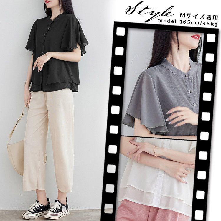 AIKA Cool and lightweight chiffon with flared sleeves and layered design, stand-up collar, short-sleeved blouse