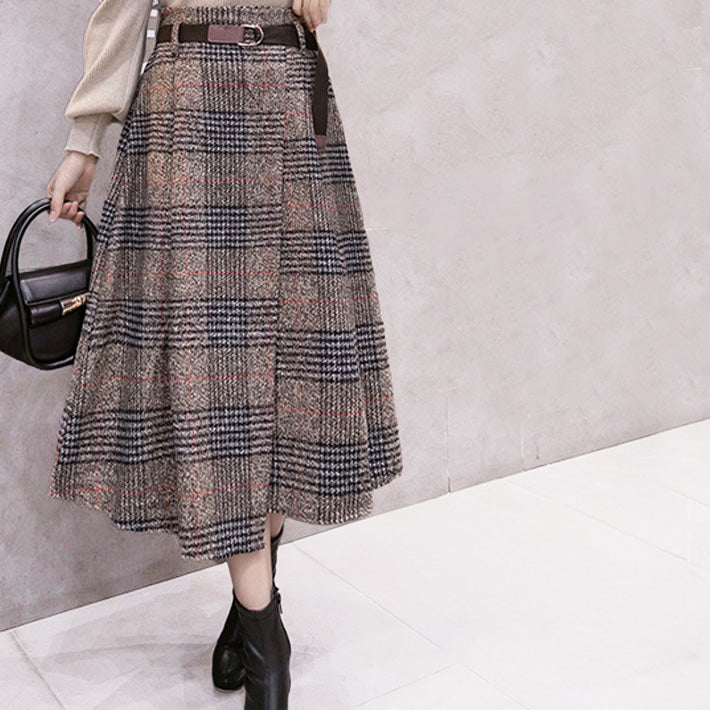 AIKA Check 4 Patterns Warm Thick Tweed Belted Mid-length Wrap Skirt-style A-line Skirt