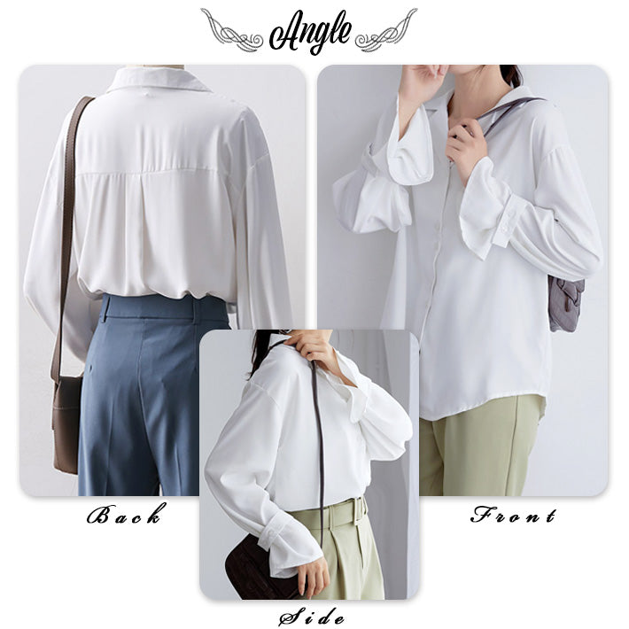 アイカ ica 落ち感のある薄手素材 ゆったりキャンディ袖 長袖 シャツブラウス