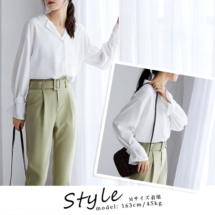 アイカ ica 落ち感のある薄手素材 ゆったりキャンディ袖 長袖 シャツブラウス