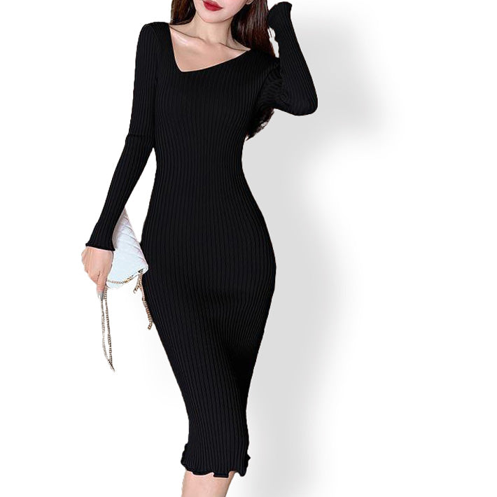 AIKA ica Highly stretchy ribbed knit, revealing skin, modified V-neck, knee-length, tight dress