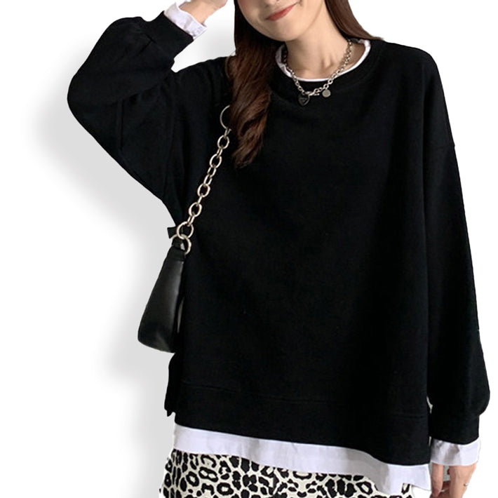 アイカ ica ゆったり シルエット 重ね着風 プルオーバー 長袖 ビッグトレーナー (BK) BK