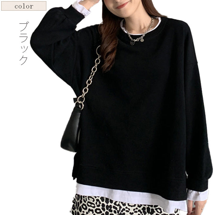 アイカ ica ゆったり シルエット 重ね着風 プルオーバー 長袖 ビッグトレーナー (BK) BK