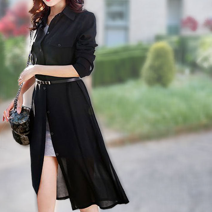 Aika ica thin sheer chiffon loose long length long sleeve sheer shirt dress dress blouse shirt cardigan long see-through cool