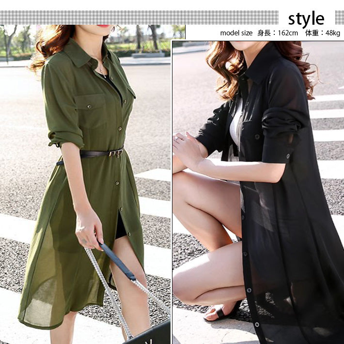 Aika ica thin sheer chiffon loose long length long sleeve sheer shirt dress dress blouse shirt cardigan long see-through cool
