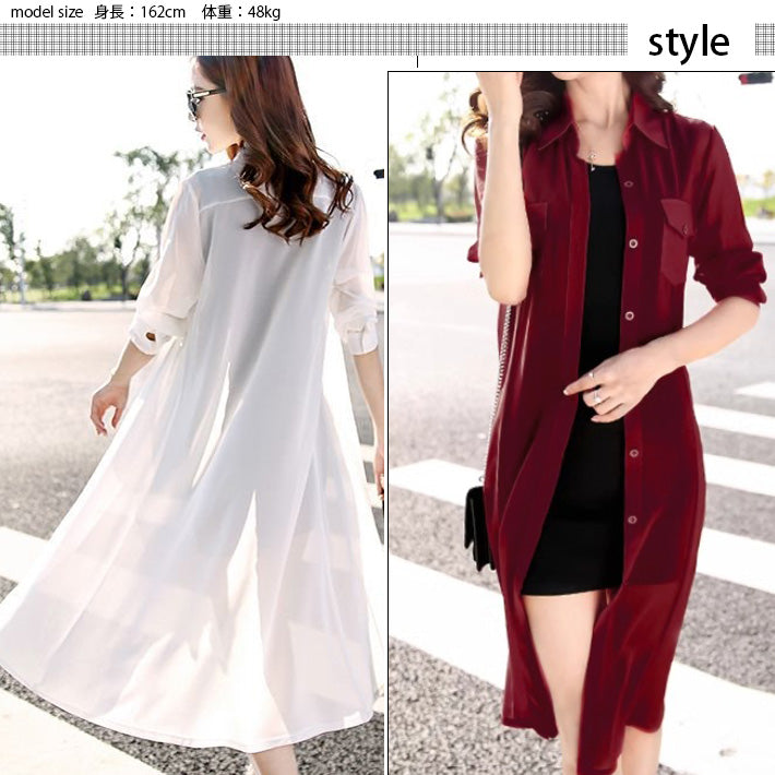 Aika ica thin sheer chiffon loose long length long sleeve sheer shirt dress dress blouse shirt cardigan long see-through cool