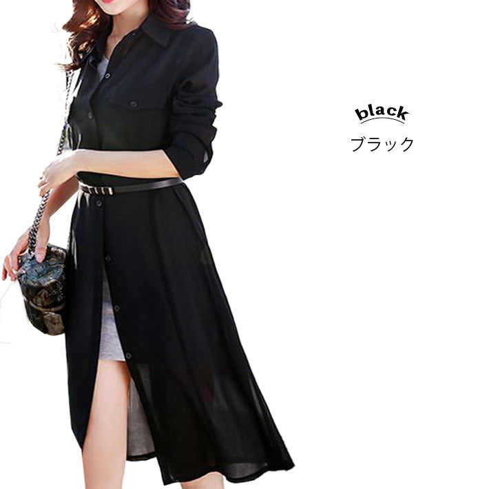Aika ica thin sheer chiffon loose long length long sleeve sheer shirt dress dress blouse shirt cardigan long see-through cool