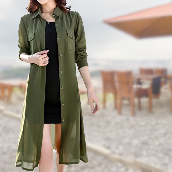 Aika ica thin sheer chiffon loose long length long sleeve sheer shirt dress dress blouse shirt cardigan long see-through cool