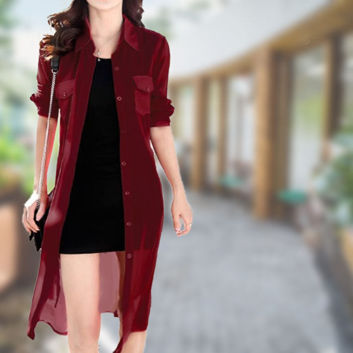 Aika ica thin sheer chiffon loose long length long sleeve sheer shirt dress dress blouse shirt cardigan long see-through cool