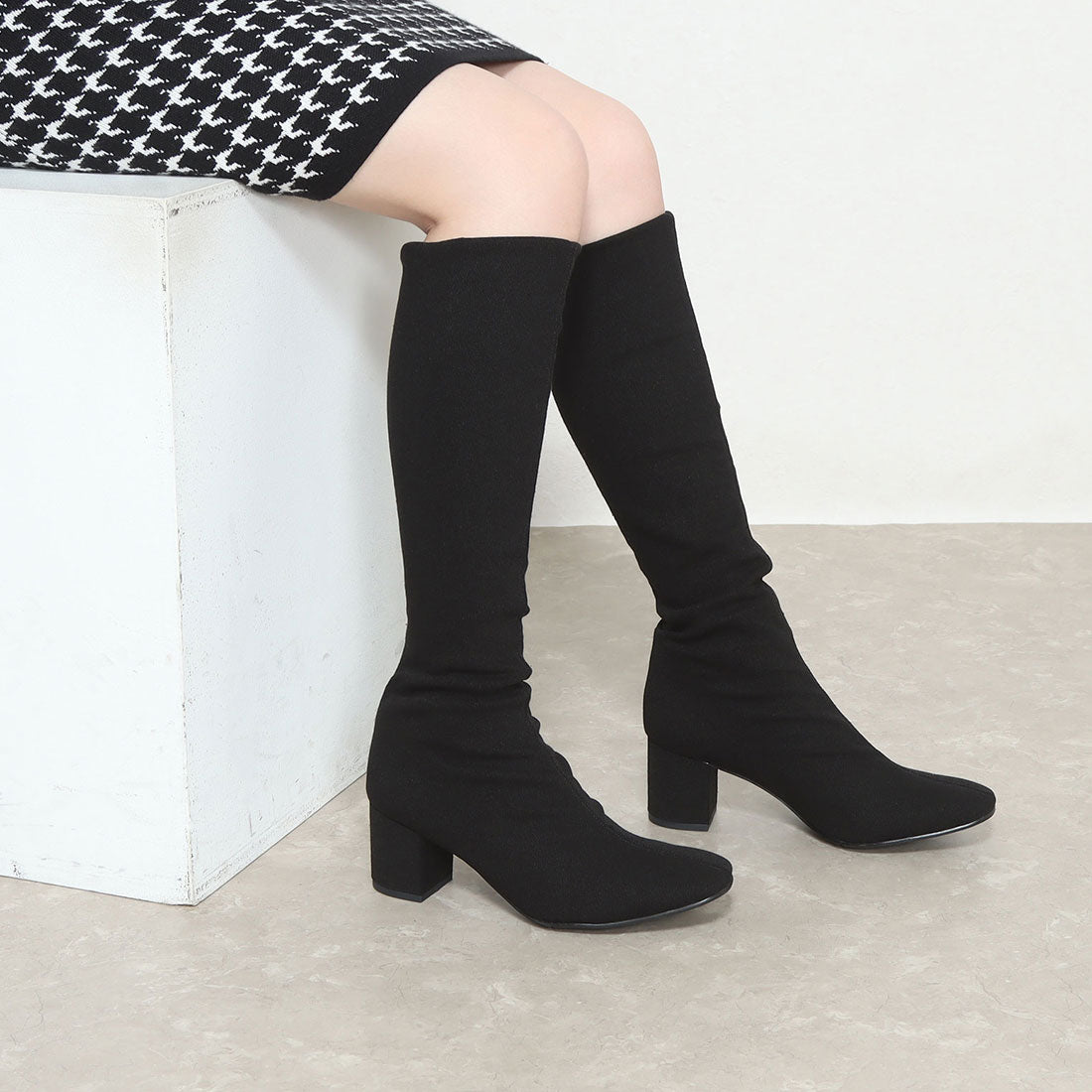 アイケープラス IKplus 【日本製】【ネット限定】美脚膝下丈ストレッチロングブーツ ■ブラックアムンゼン■