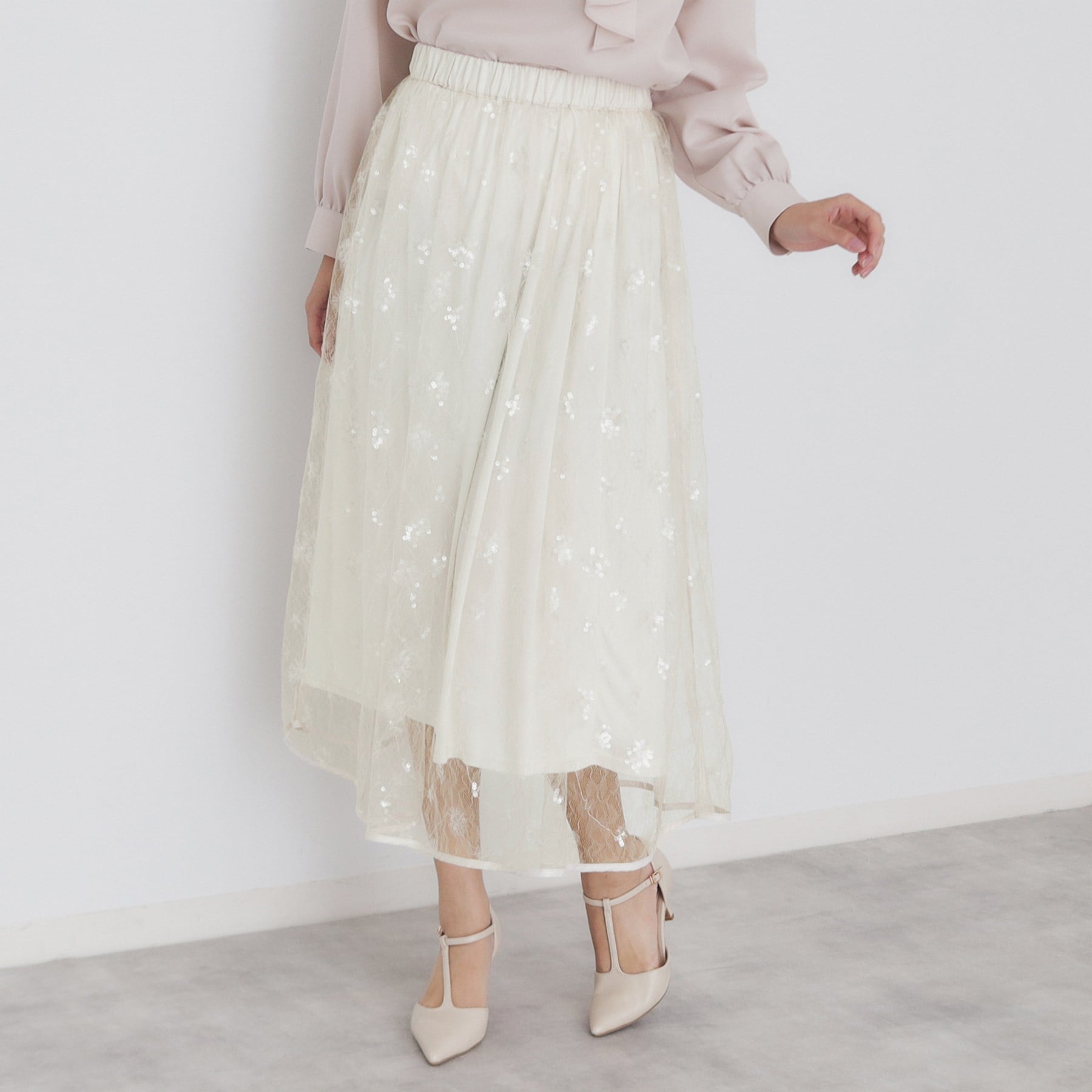 インデックス index スパンコールシアー刺繍スカート【洗濯機可】,オフホワイト(003)