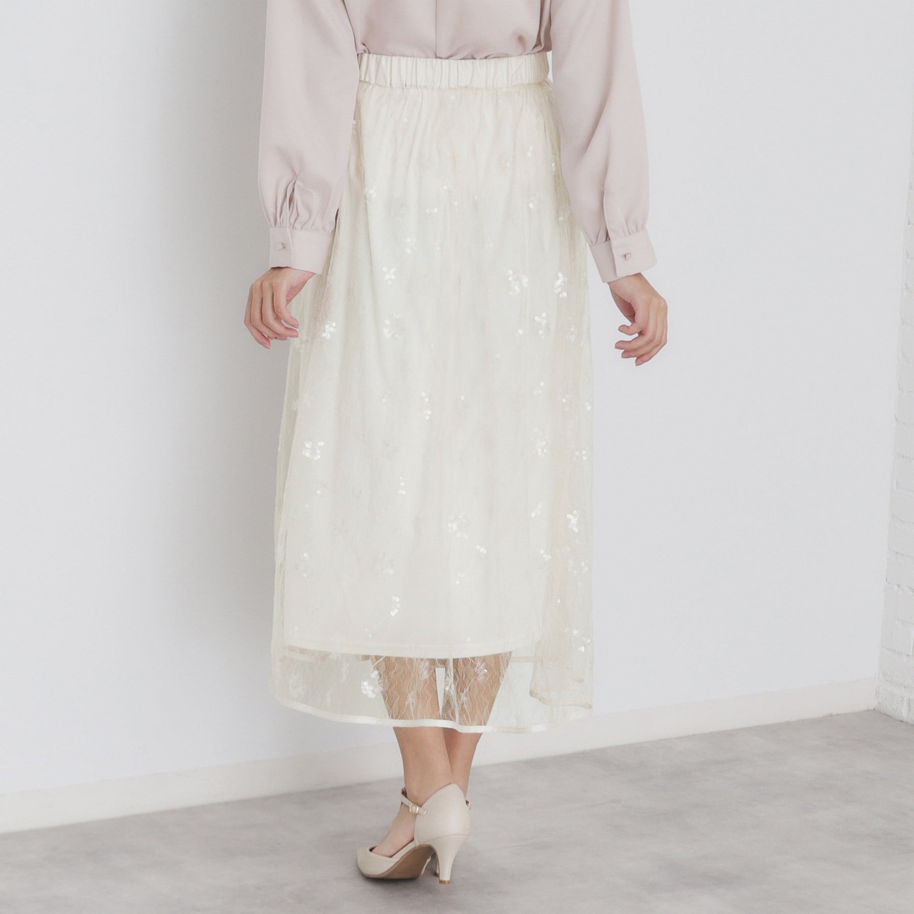 インデックス index スパンコールシアー刺繍スカート【洗濯機可】