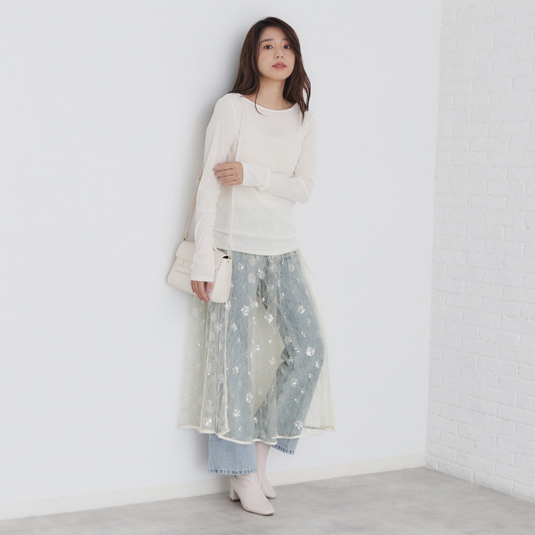 インデックス index スパンコールシアー刺繍スカート【洗濯機可】