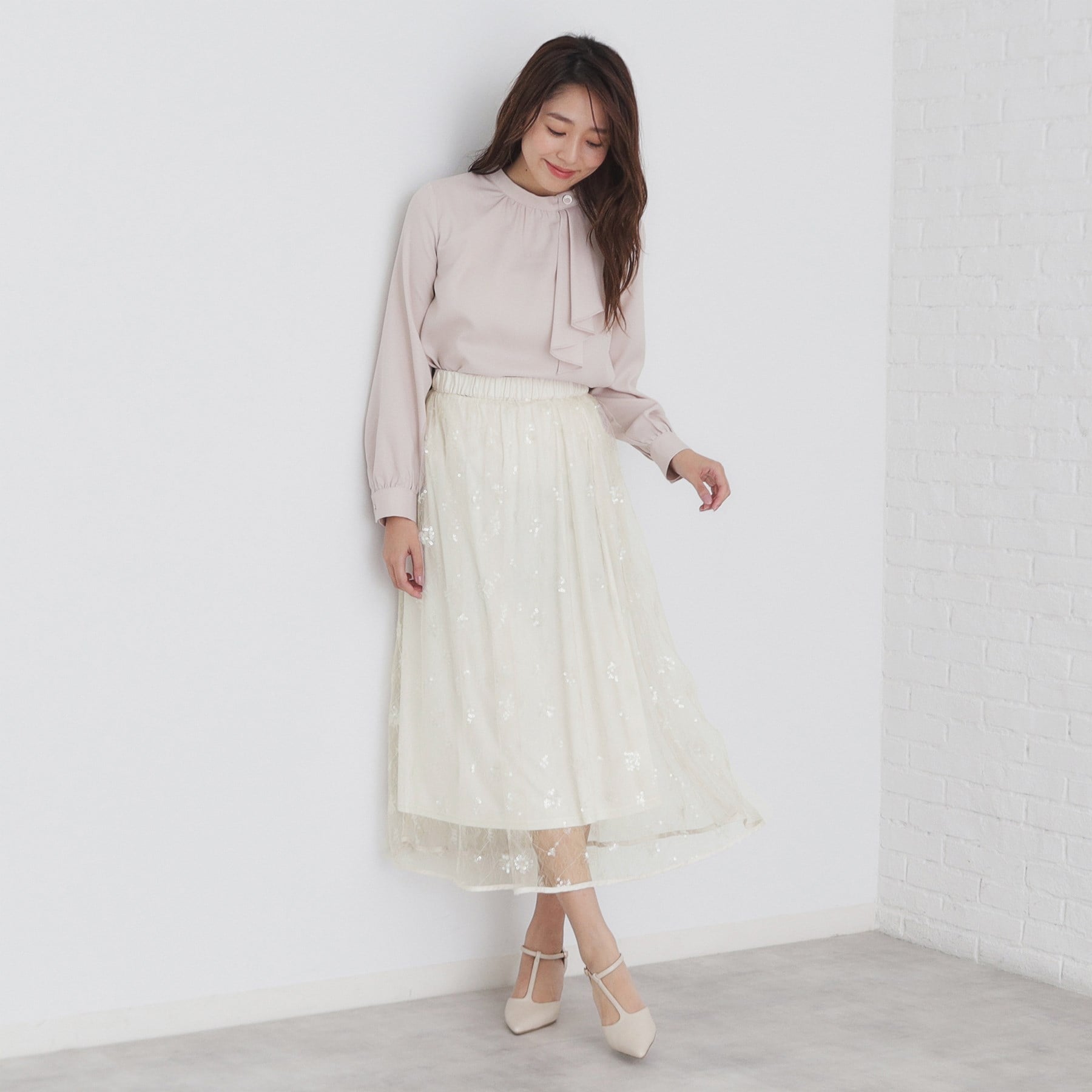 インデックス index スパンコールシアー刺繍スカート【洗濯機可】