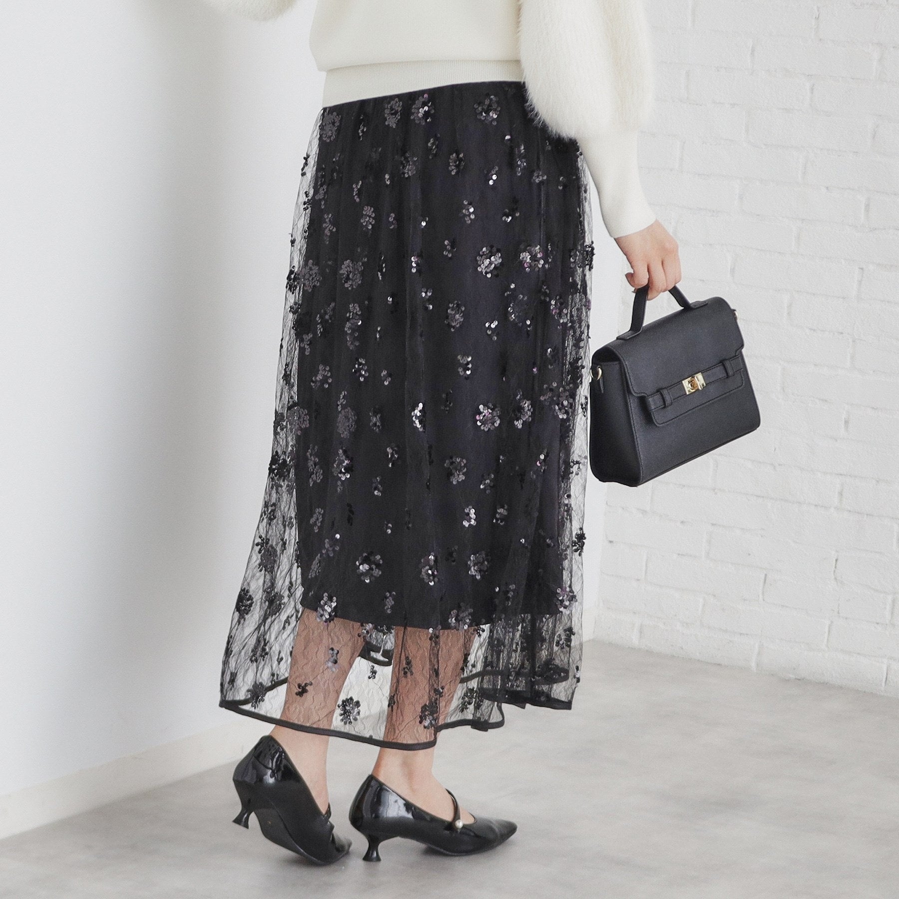 インデックス index スパンコールシアー刺繍スカート【洗濯機可】