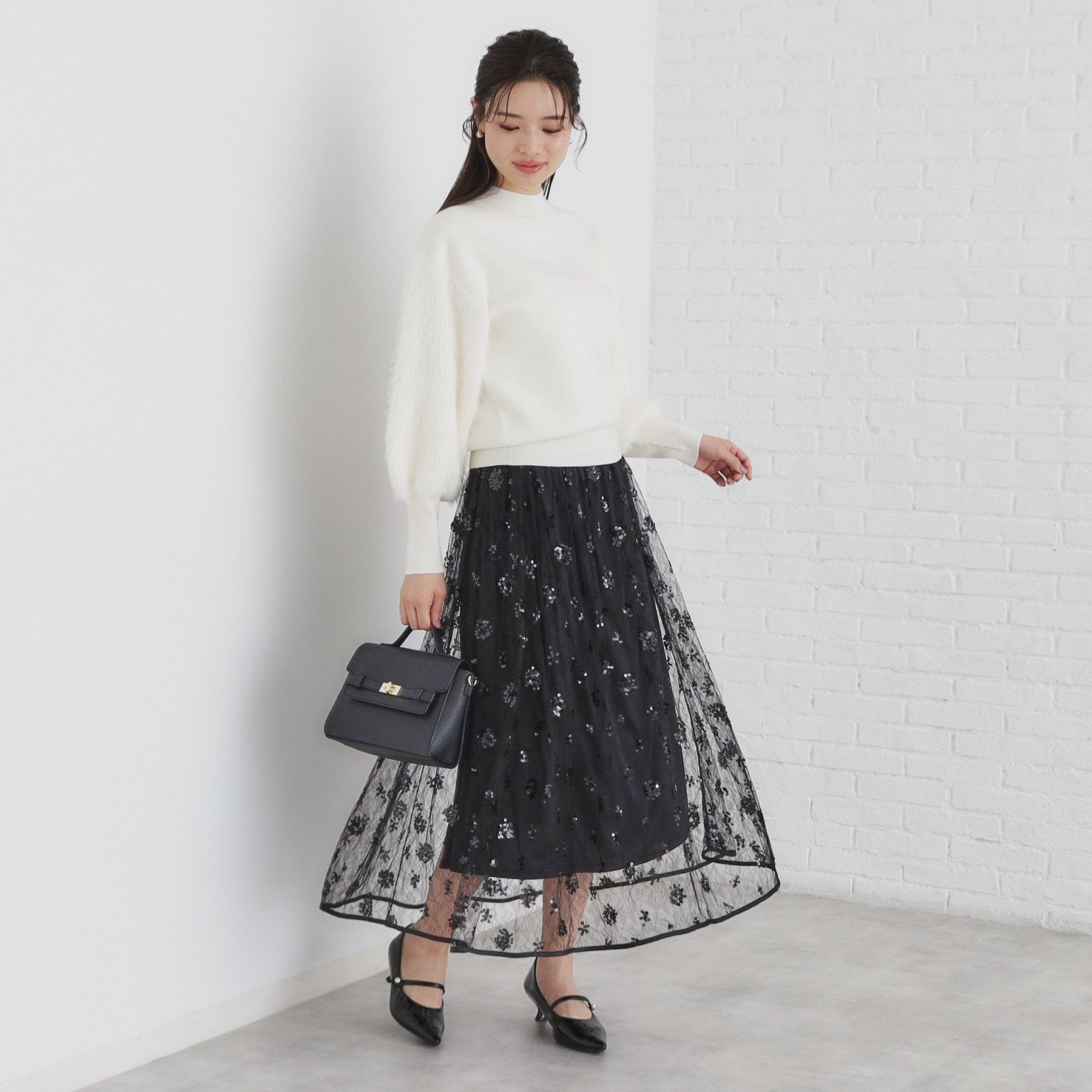 インデックス index スパンコールシアー刺繍スカート【洗濯機可】