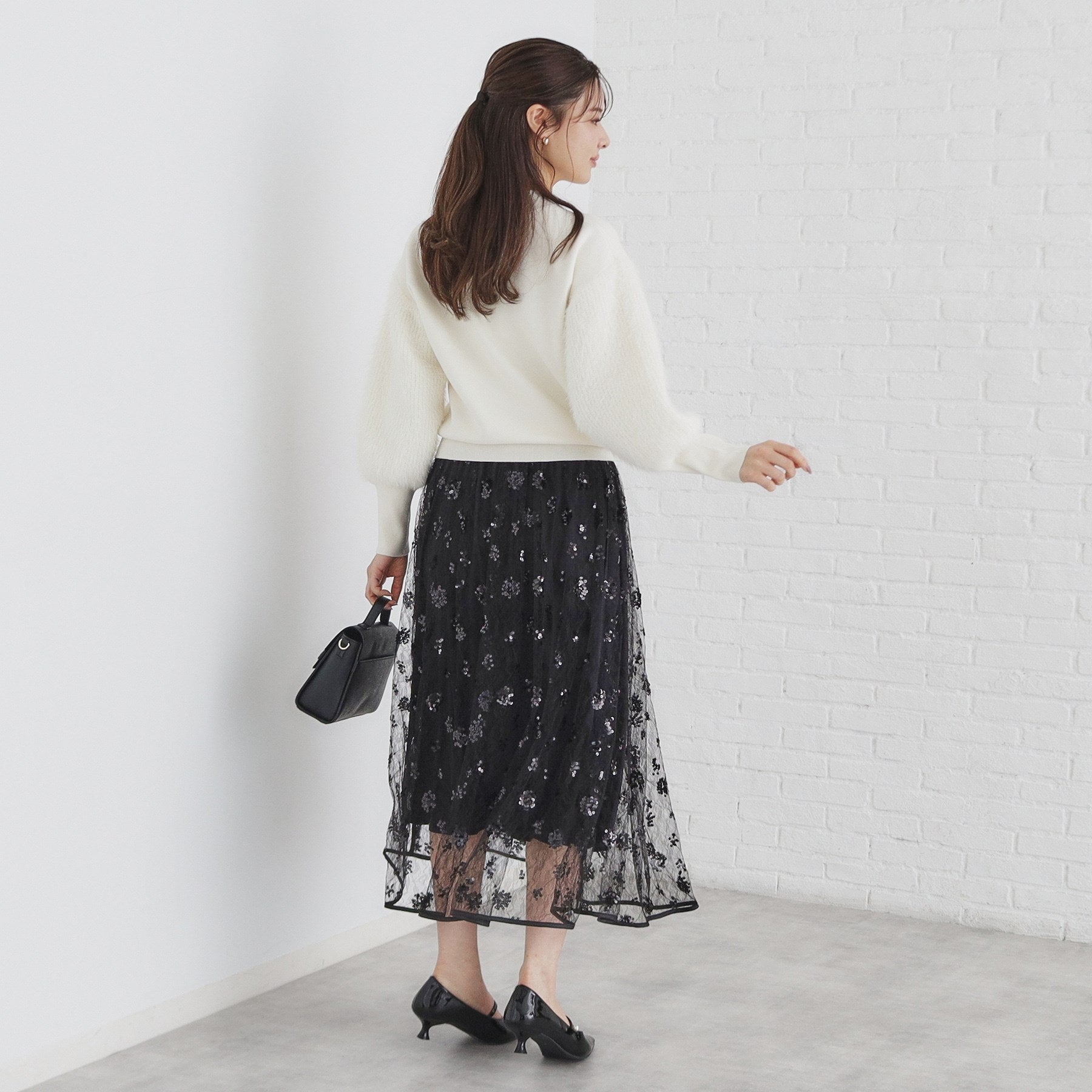 インデックス index スパンコールシアー刺繍スカート【洗濯機可】