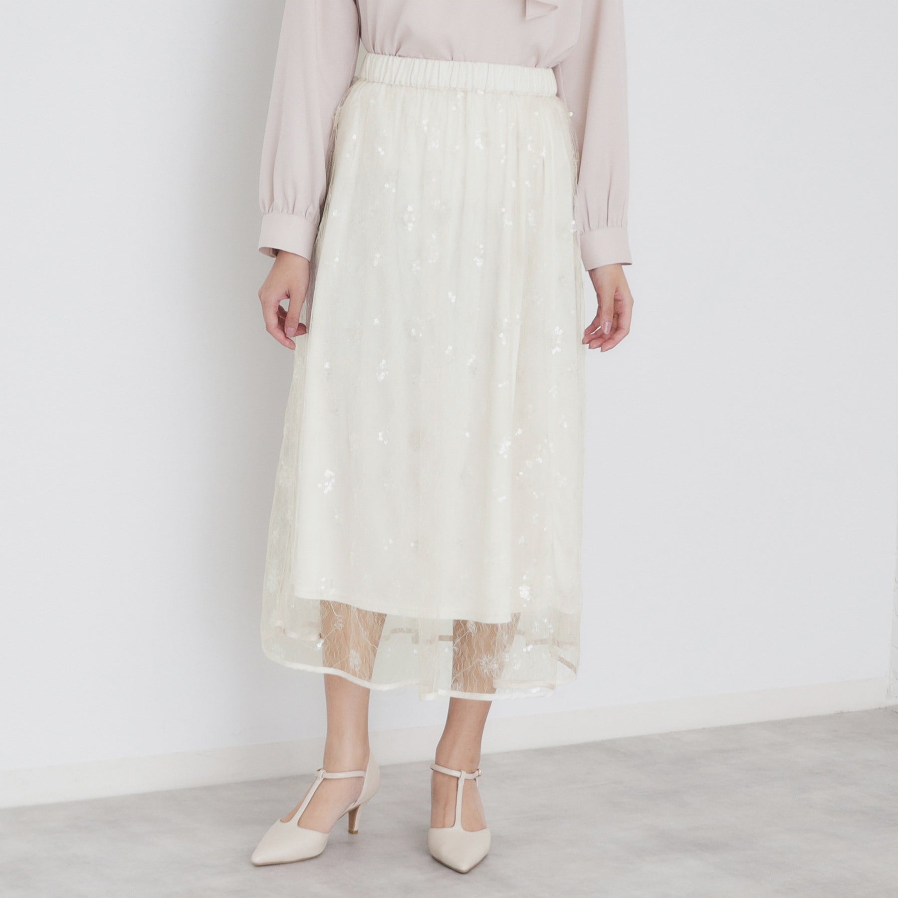 インデックス index スパンコールシアー刺繍スカート【洗濯機可】