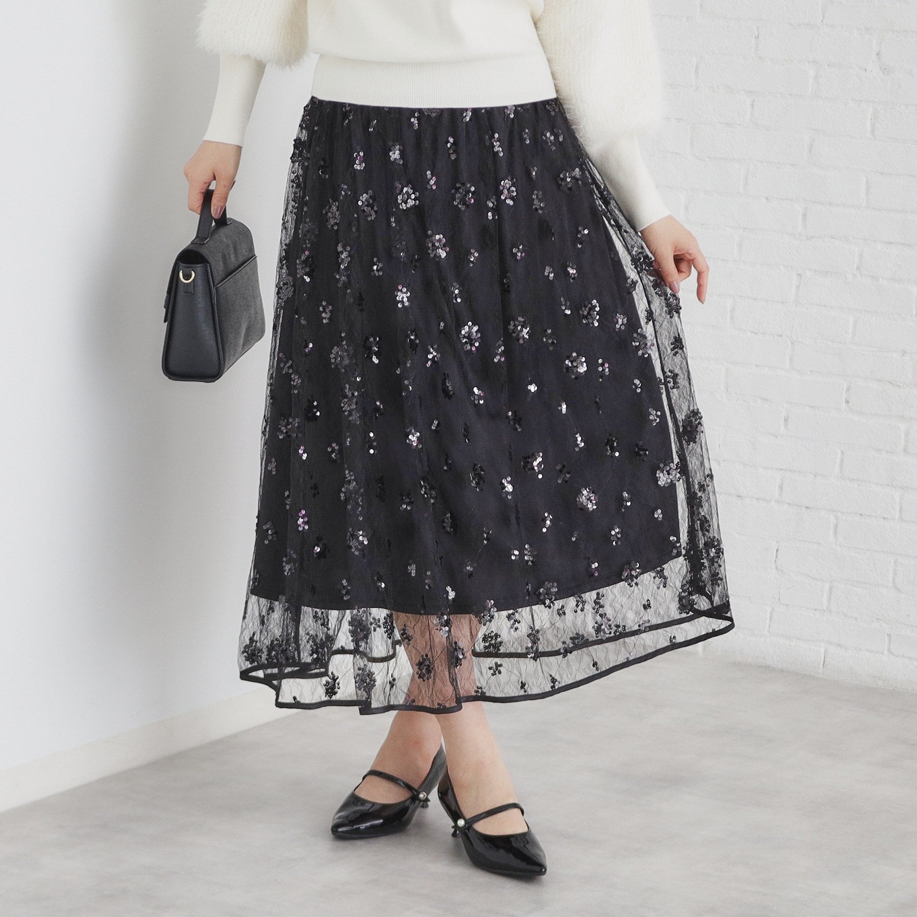 インデックス index スパンコールシアー刺繍スカート【洗濯機可】,ブラック(019)