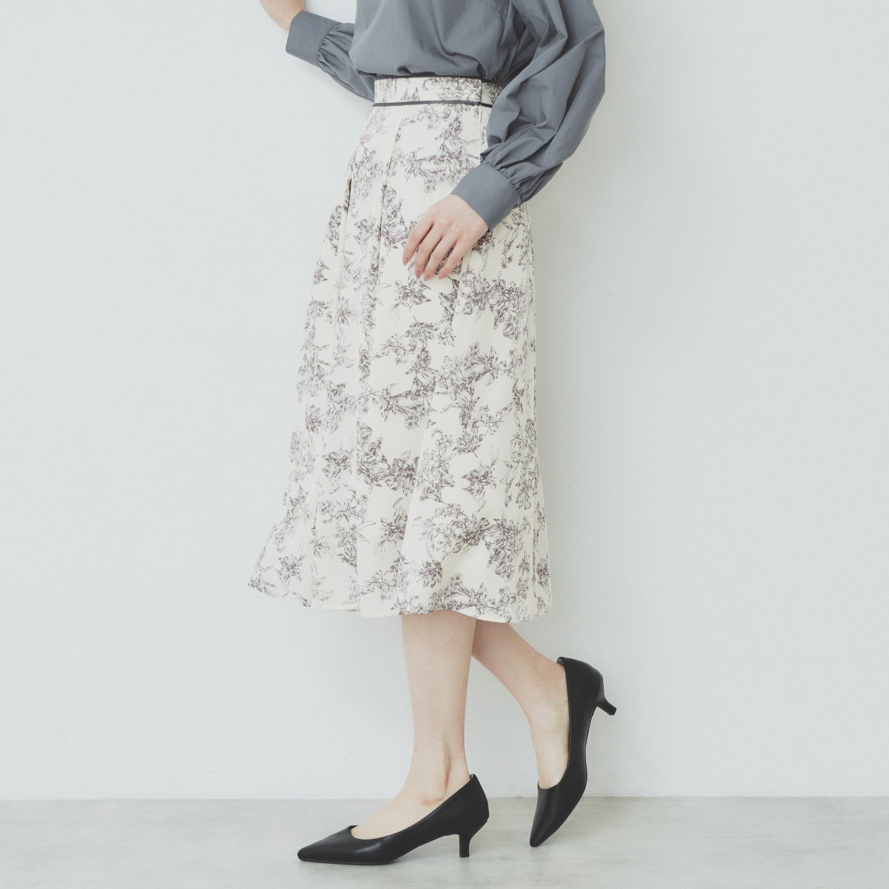 index index flower print bi-color flare skirt 【machine washable・easy iron】