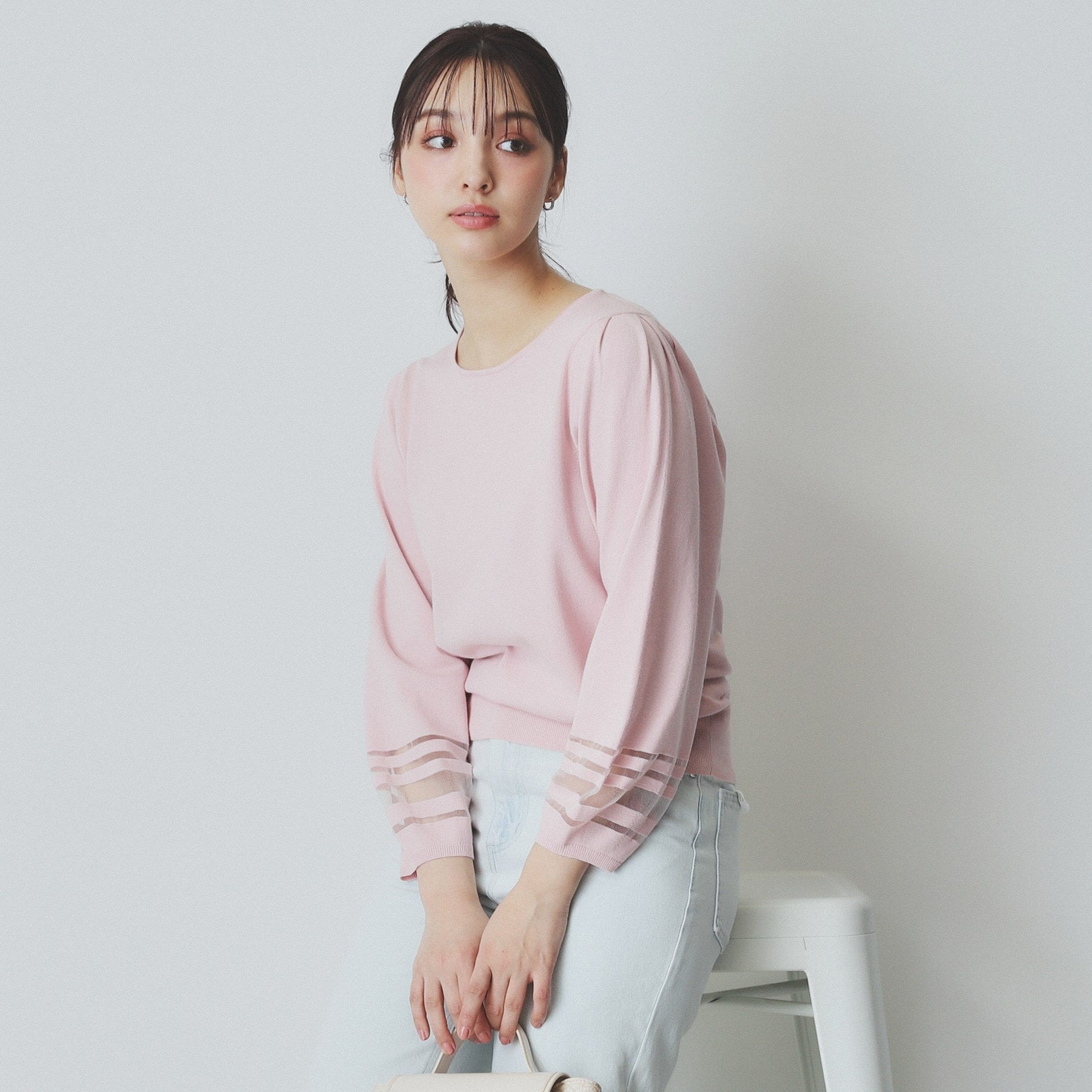 インデックス index シアーラインパフスリーブニット【洗濯機可・UVケア】 (ピンク(071)) ピンク(071)