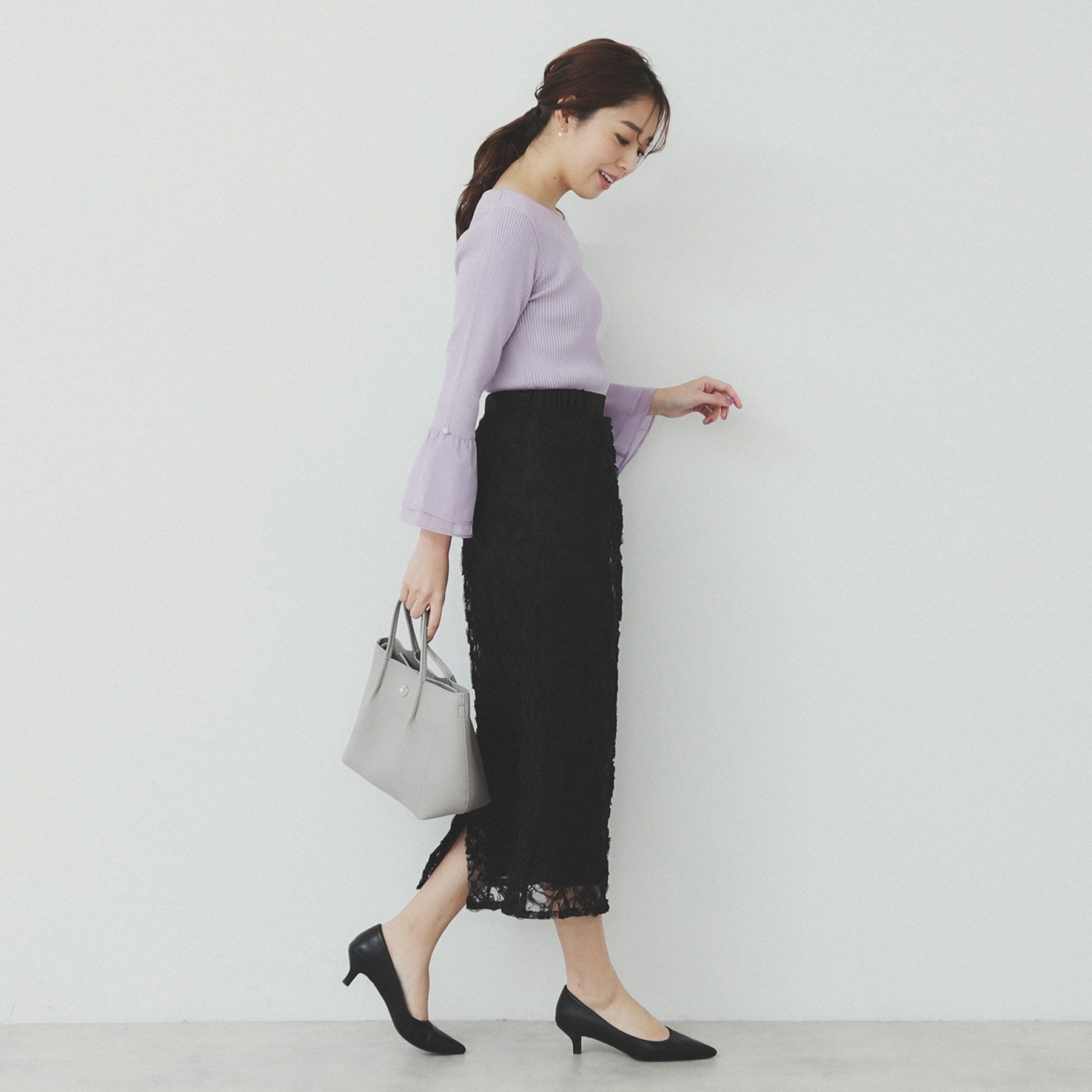 インデックス index リブオーガンフレアスリーブニット【洗濯機可】 (ブラック(019)) ブラック(019)