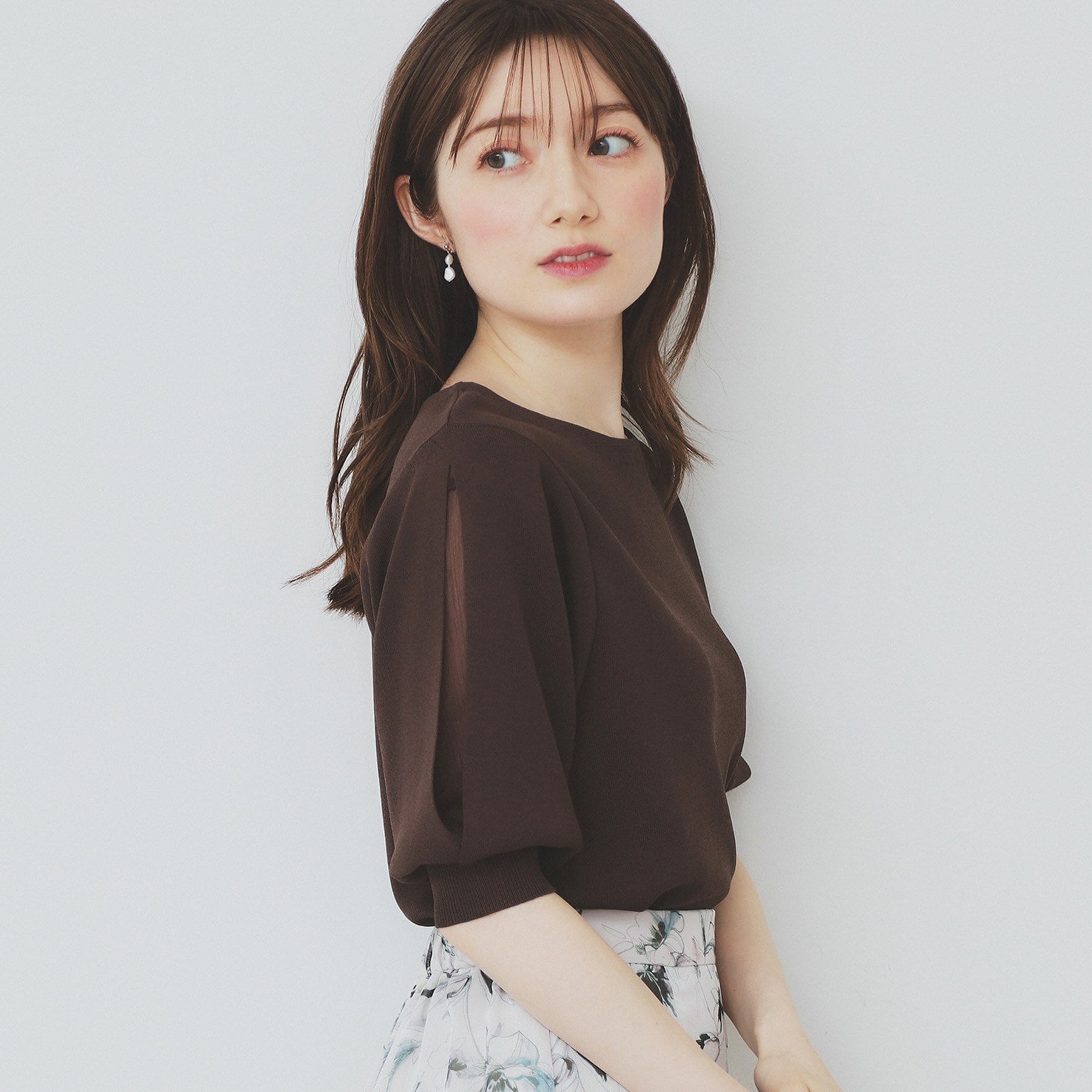 インデックス index 《6color/XS-LLsize》ドライタッチ デザインスリーブニット【洗濯機洗い可/接触冷感/抗ピル】 (ブラウン(044)) ブラウン(044)