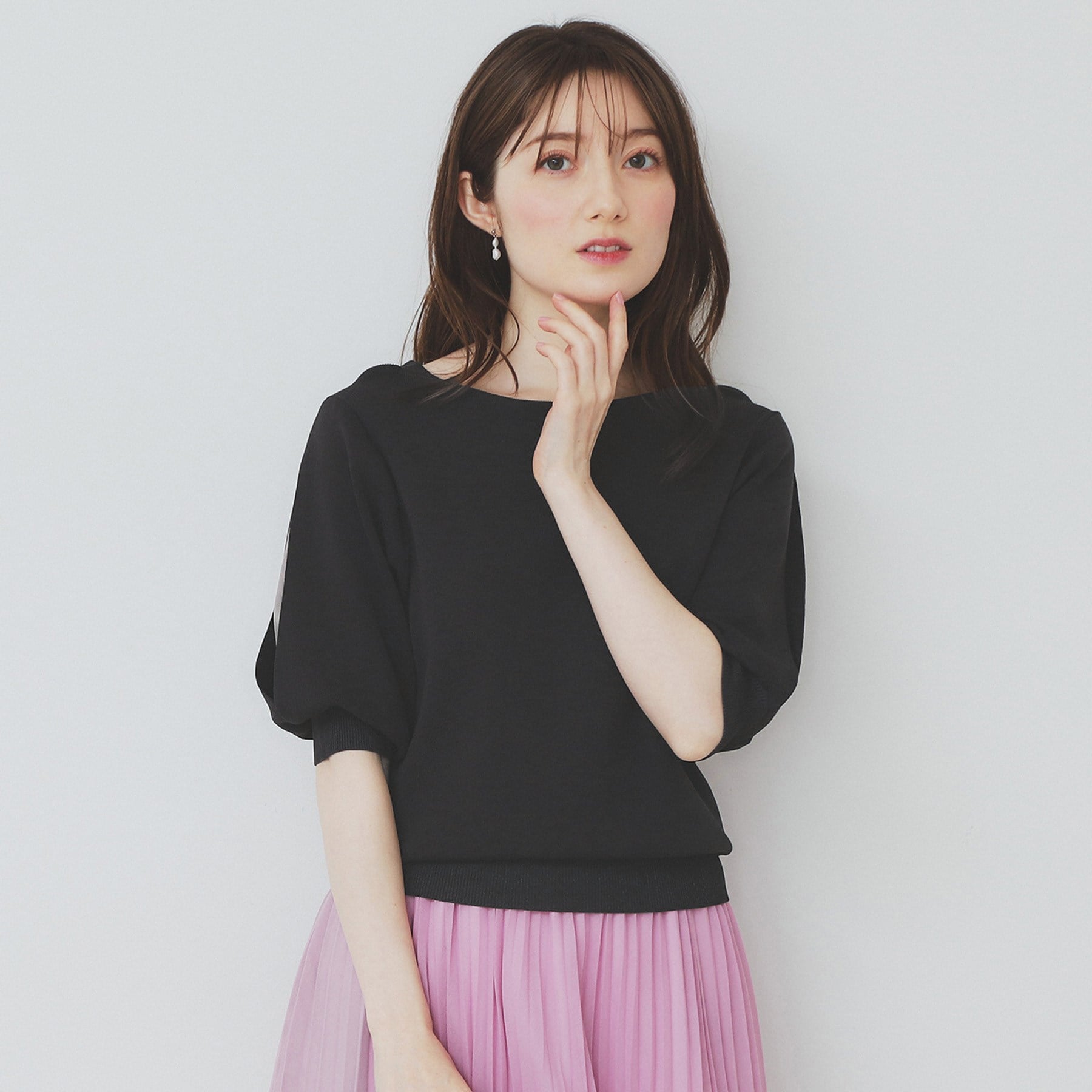 インデックス index 《6color/XS-LLsize》ドライタッチ デザインスリーブニット【洗濯機洗い可/接触冷感/抗ピル】 (ブラウン(044)) ブラウン(044)