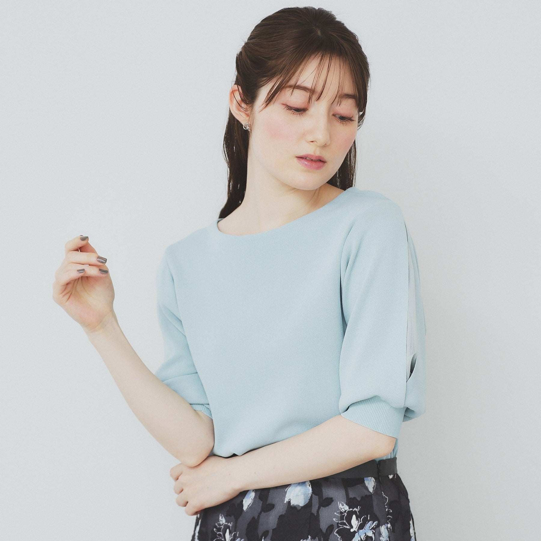 インデックス index 《6color/XS-LLsize》ドライタッチ デザインスリーブニット【洗濯機洗い可/接触冷感/抗ピル】 (ブラウン(044)) ブラウン(044)