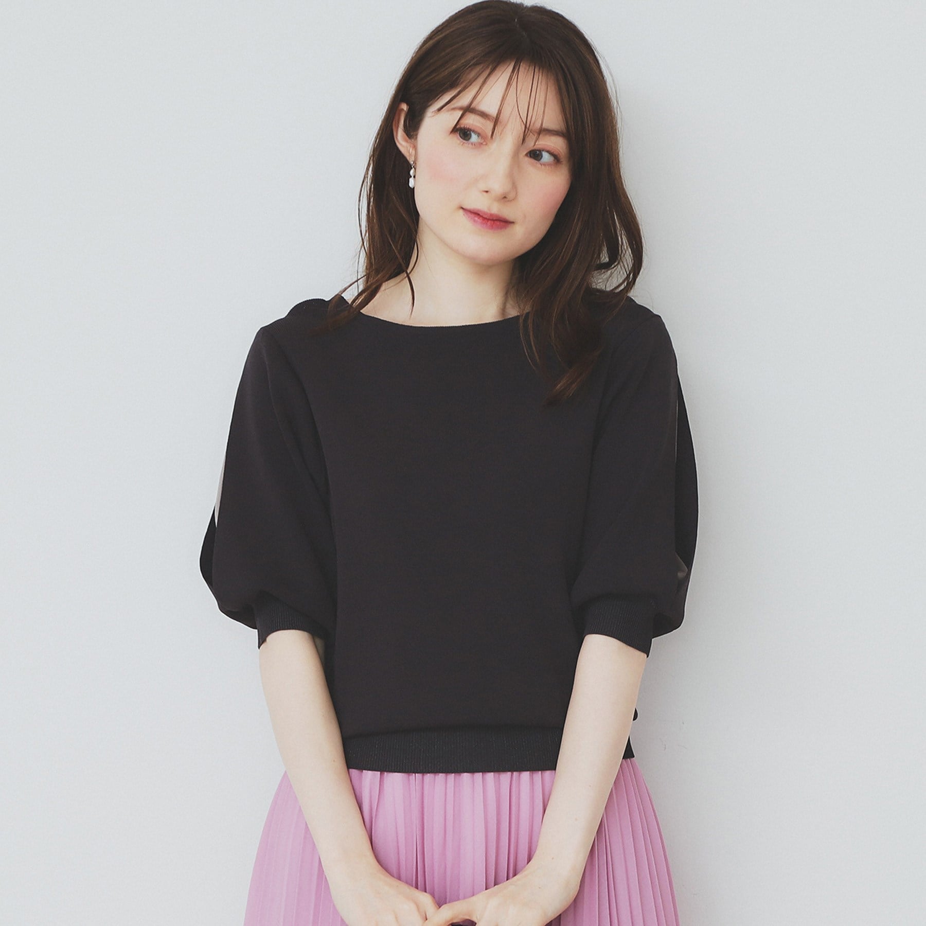 インデックス index 《6color/XS-LLsize》ドライタッチ デザインスリーブニット【洗濯機洗い可/接触冷感/抗ピル】 (チャコールグレー(014)) チャコールグレー(014)