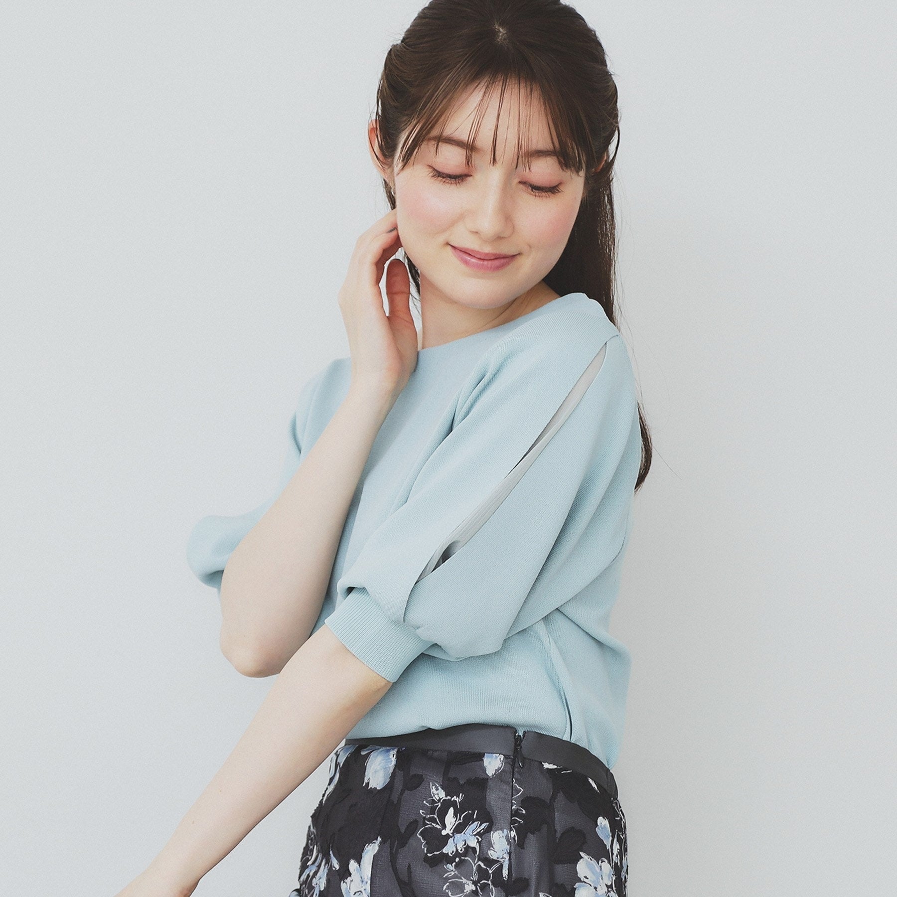 インデックス index 《6color/XS-LLsize》ドライタッチ デザインスリーブニット【洗濯機洗い可/接触冷感/抗ピル】 (ミントグリーン(021)) ミントグリーン(021)