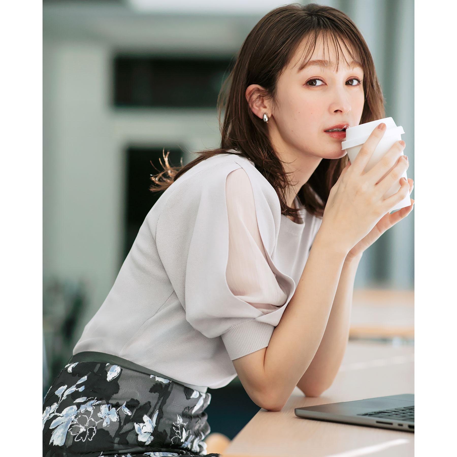 インデックス index 《6color/XS-LLsize》ドライタッチ デザインスリーブニット【洗濯機洗い可/接触冷感/抗ピル】 (グレージュ(050)) グレージュ(050)